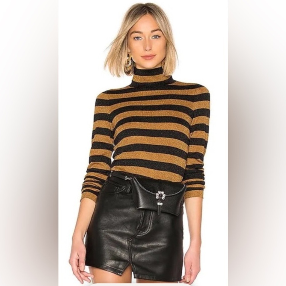 Alice + Olivia Roberta Metallic Striped Wool Turtleneck Sweater Black Brwn XS